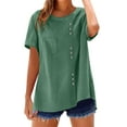 thumbnail image 2 of Conairie Women Linen Shirts Solid Short Sleeve Regular Fit Crew Neck Button Shirt Comfortable Soft Basic Work Tee Vacation Clothes Mint Green M, 2 of 7