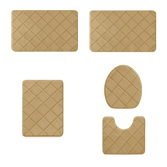 Wadada Bathroom Rug Sets 5 Piece, Memory Foam Bath Mat, Non Slip Super Absorbent Soft Bathroom Mats, Machine Washable Bathroom Floor Mats Sets for Sink,Tub, Shower and Toilet (Khaki)