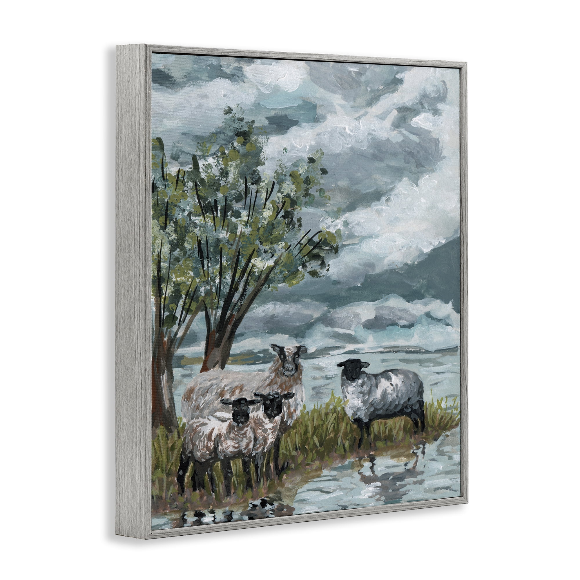 Stupell Industries Traditional Sheep View Landscape Painting Gray Framed Art Print Wall Art, 11 x 14