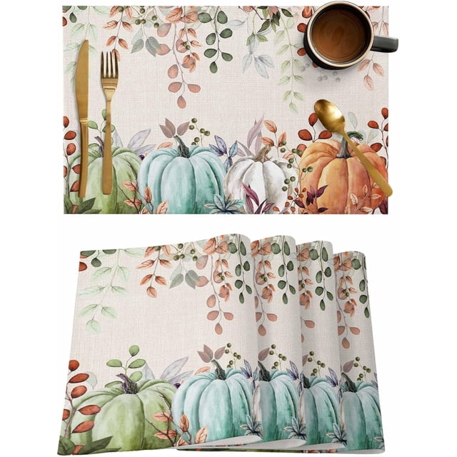 Fall Thanksgiving Placemats Set of 6, Autumn Pumpkins Eucalyptus Leaves Heat Resistant Washable Dining Table Mats Fall Holiday Farmhouse Decor for Kitchen&Linens Outdoor Indoor, Blue Sage Green Orange