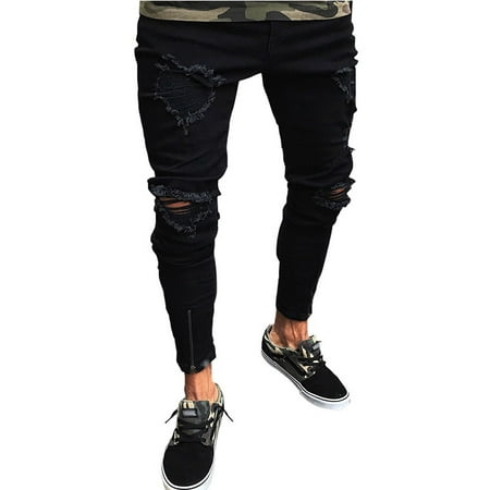 Men's Jeans Skinny Slim Fit Straight Ripped Destroyed Distressed Zipper Stretch Knee Patch Pants