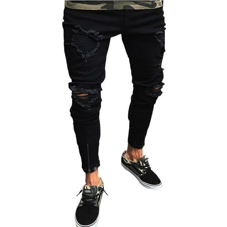 Destroyed Stretch Jeans (Men's Jeans Skinny Slim Fit Straight Ripped Destroyed Distressed Zipper Stretch Knee Patch Pants)