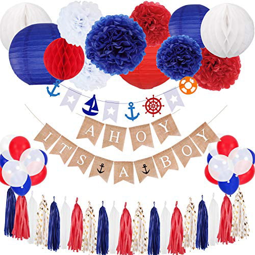 Ahoy Its A Boy Nautical Theme Baby Shower Banner for Baby Boy Party Decorations 