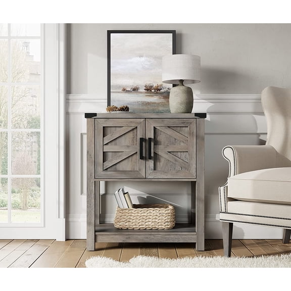 WAMPAT Farmhouse Wood Sideboard, Modern Buffet Cabinet with Open Storage for Living Room, Kitchen, Magnetic Door Catch, 5-Level Adjustable Shelf, Riveted Metal Braket, Wash Grey