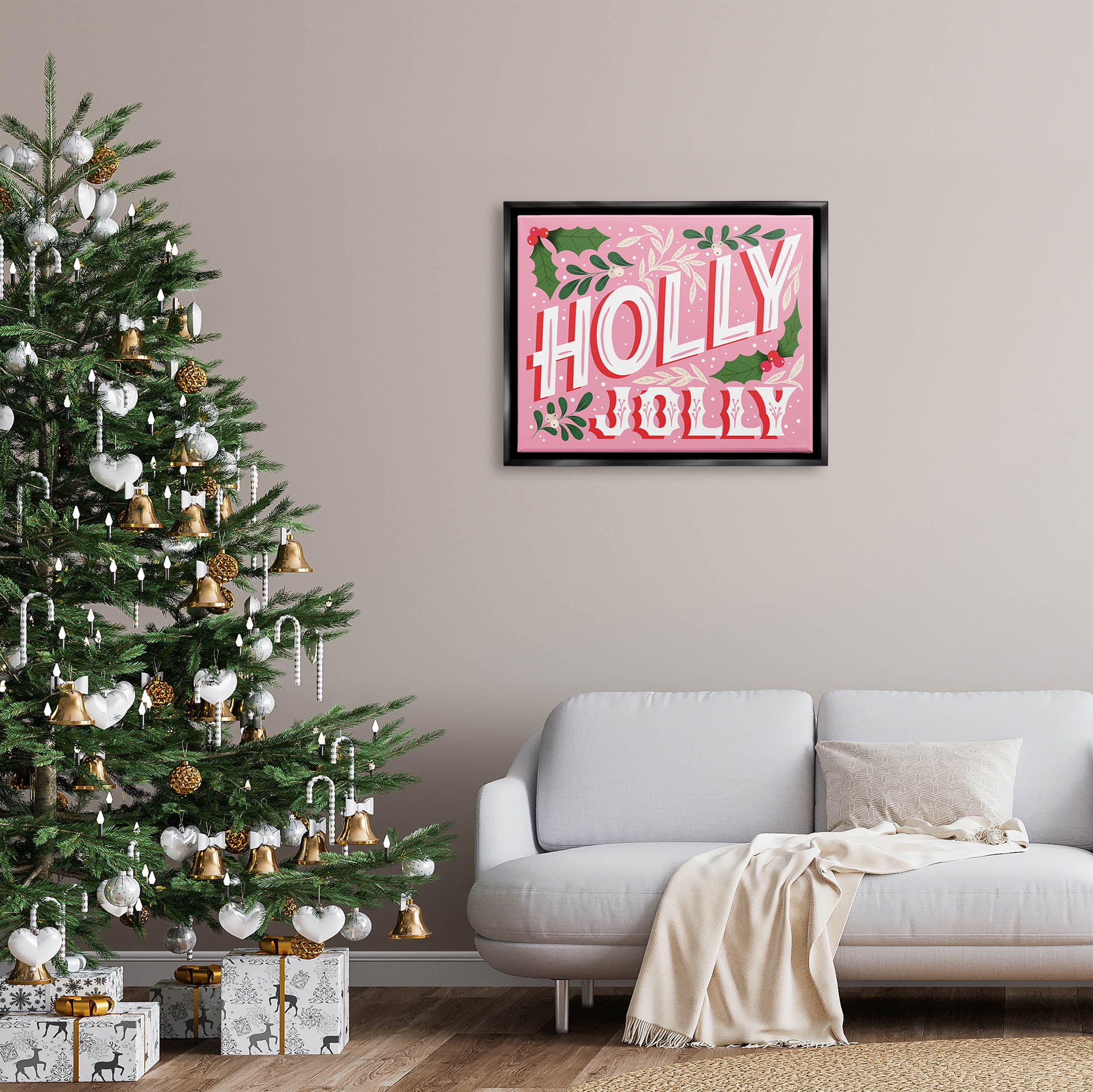 Stupell Industries Bold Pink Holly Jolly Phrase Graphic Art Jet Black Floating Framed Canvas Print Wall Art, Design by The Saturday Evening Post