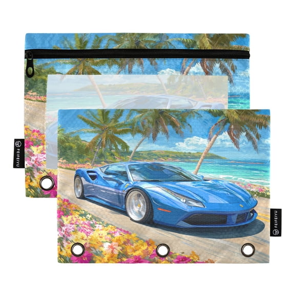 2 Pack 3 Ring Binder Pouch with Clear PVC Window Water Resistant Zipper Pencil Pouch Blue Sports Car by The Beach Binder Pocket for Classroom Office Home Stationery Organization