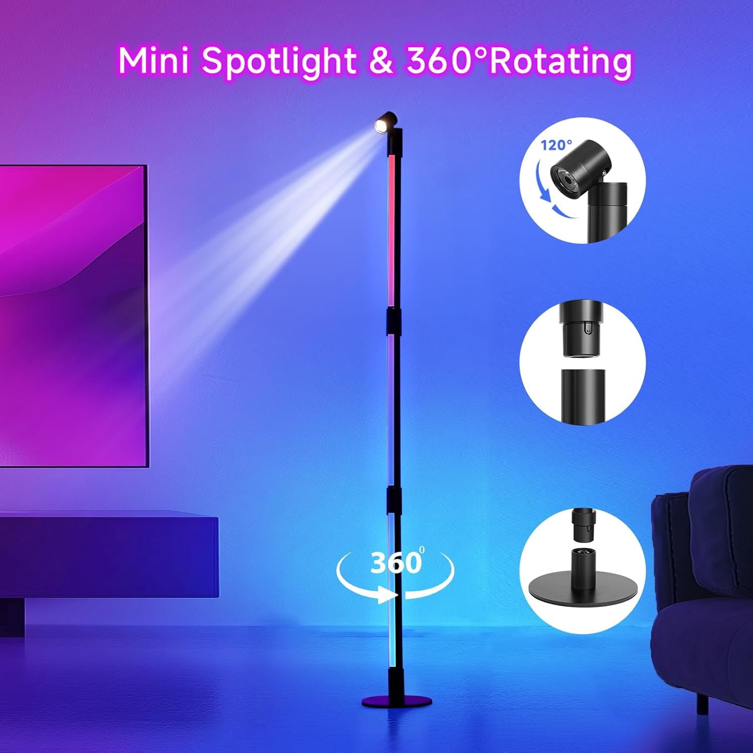 Lemohome Floor Lamp, New Bluetooth Rotatable RGB Warm White 3 Section w/ Remote APP Spotlight