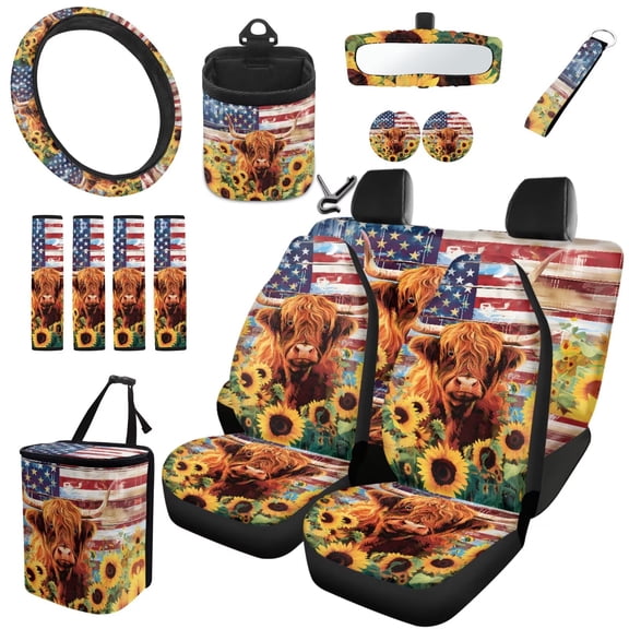 Uorisanigo Highland Cow US Flag 15 PCS Car Seat Cover Full Set, with Steering Cover Seat Belt Strap Covers Trash Bin Rear View Mirror Covers Coaster Air Vent Storage Holder Car Decor Universal Fit