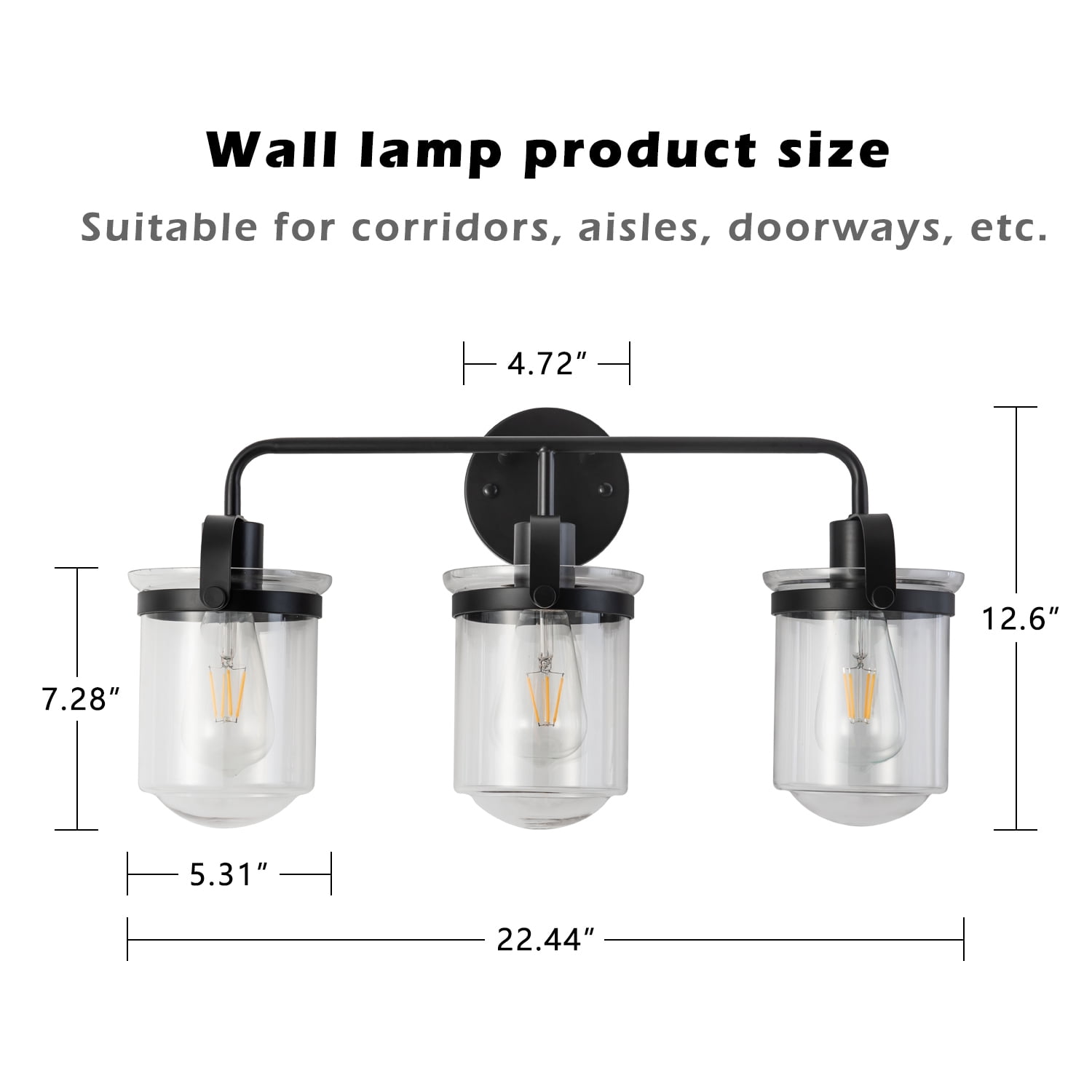 IVV Farmhouse Bathroom Vanity Light Fixtures Black with Clear Glass Shade 3 Light Industrial Wall Lighting Rustic Sconces Wall Mount Lamp for Living Room Hallway (Bulbs Not Included)