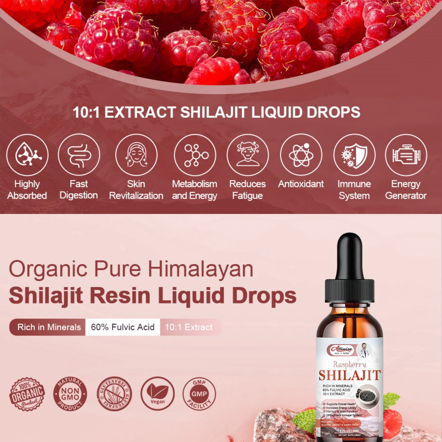 Organic Pure Himalayan Shilajit Resin Liquid Drops for Men & Women, Golden Shilajit Supplement with Fulvic Acid Complex for Energy & Immune Support - Raspberry(2 Pack)