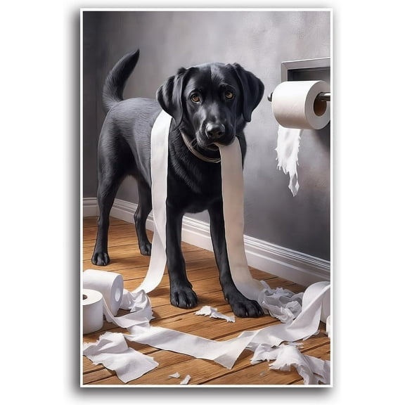 AVOI Black Labrador Bathroom Print Funny Labrador Toilet Paper Wall Art Whimsical Gift for Labrador Lovers Bathroom Humorous Artwork Canvas Wall Art Poster Unframe: 12x16in