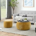 thumbnail image 2 of 2-Pieces Circular Storage Ottoman, Multifunctional Woven Rattan Ottoman Style with Wooden Lid,  for Living Rooms, Study Room, Bedroom, Dark Yellow, 2 of 9