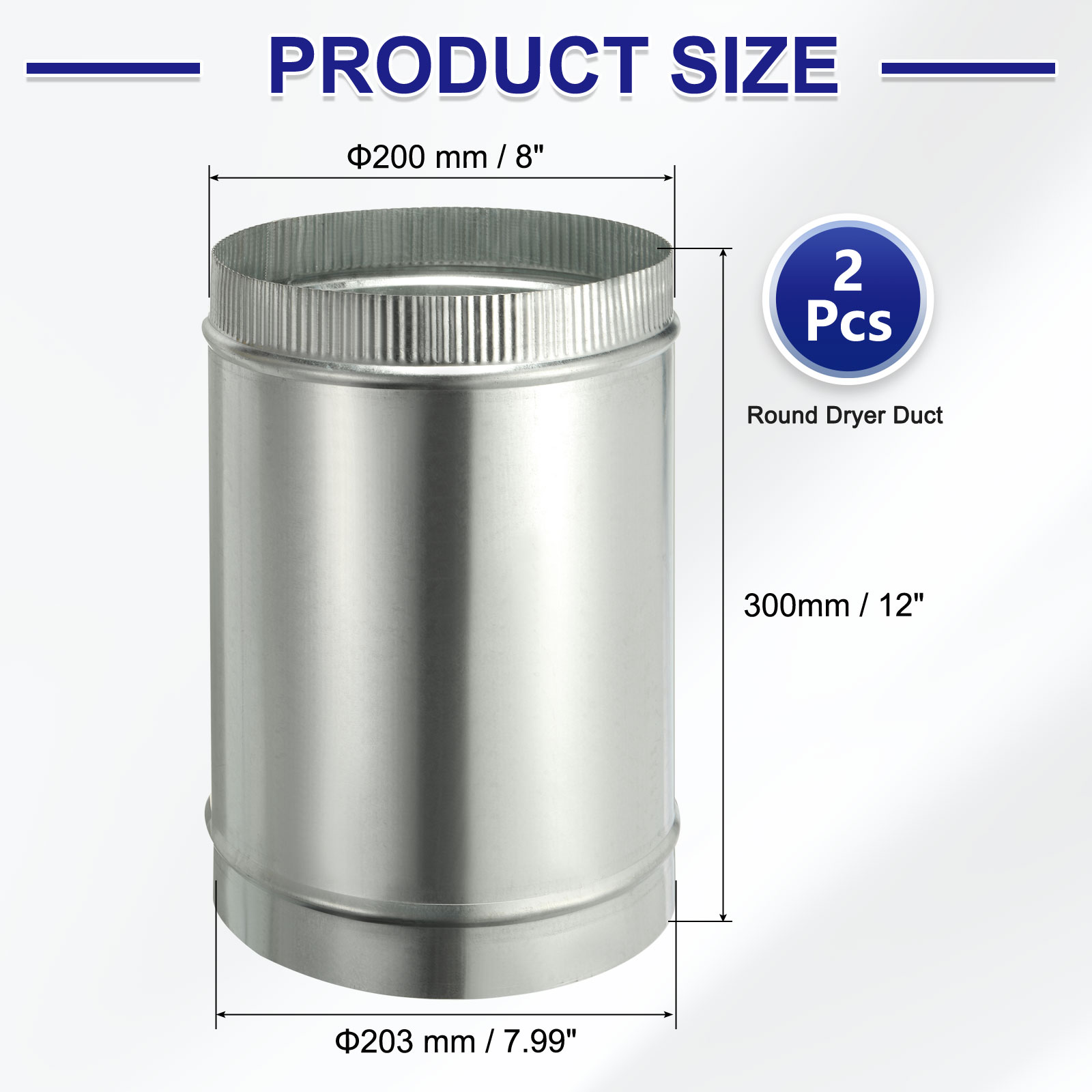 Uxcell 8 x 12 Inch Round Dryer Duct, 2PCS Galvanized Steel Crimped Straight Air Vent Duct Extension Coupler Pipe Adapter Connector for HVAC Dryer Hood Ventilation Chimney, Silver