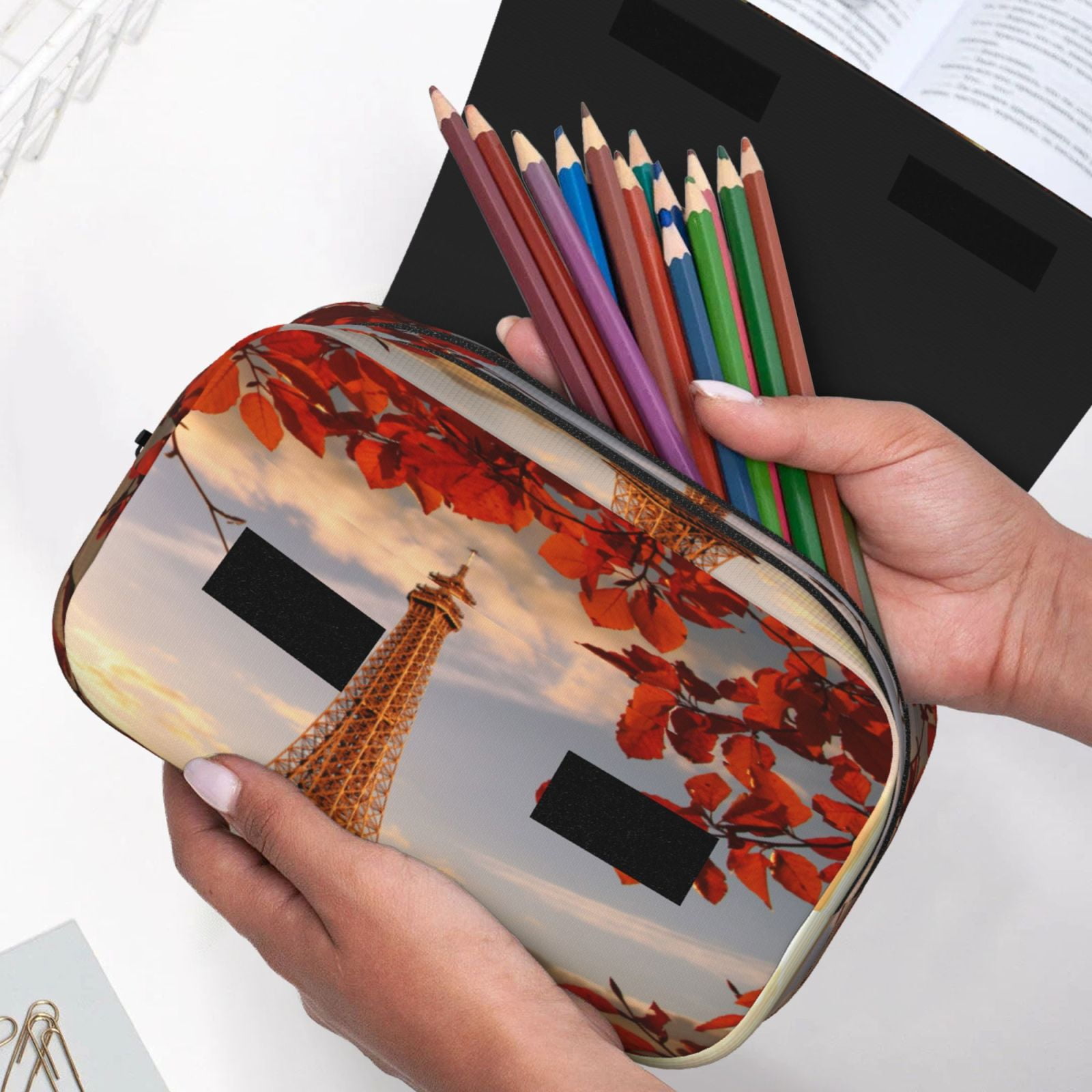 Rateoe Eiffel Tower Pattern Double Clamshell Pen Case, Storage Organizer with Two Zipper Compartments– Holds Up to 50 Pencils & Pens