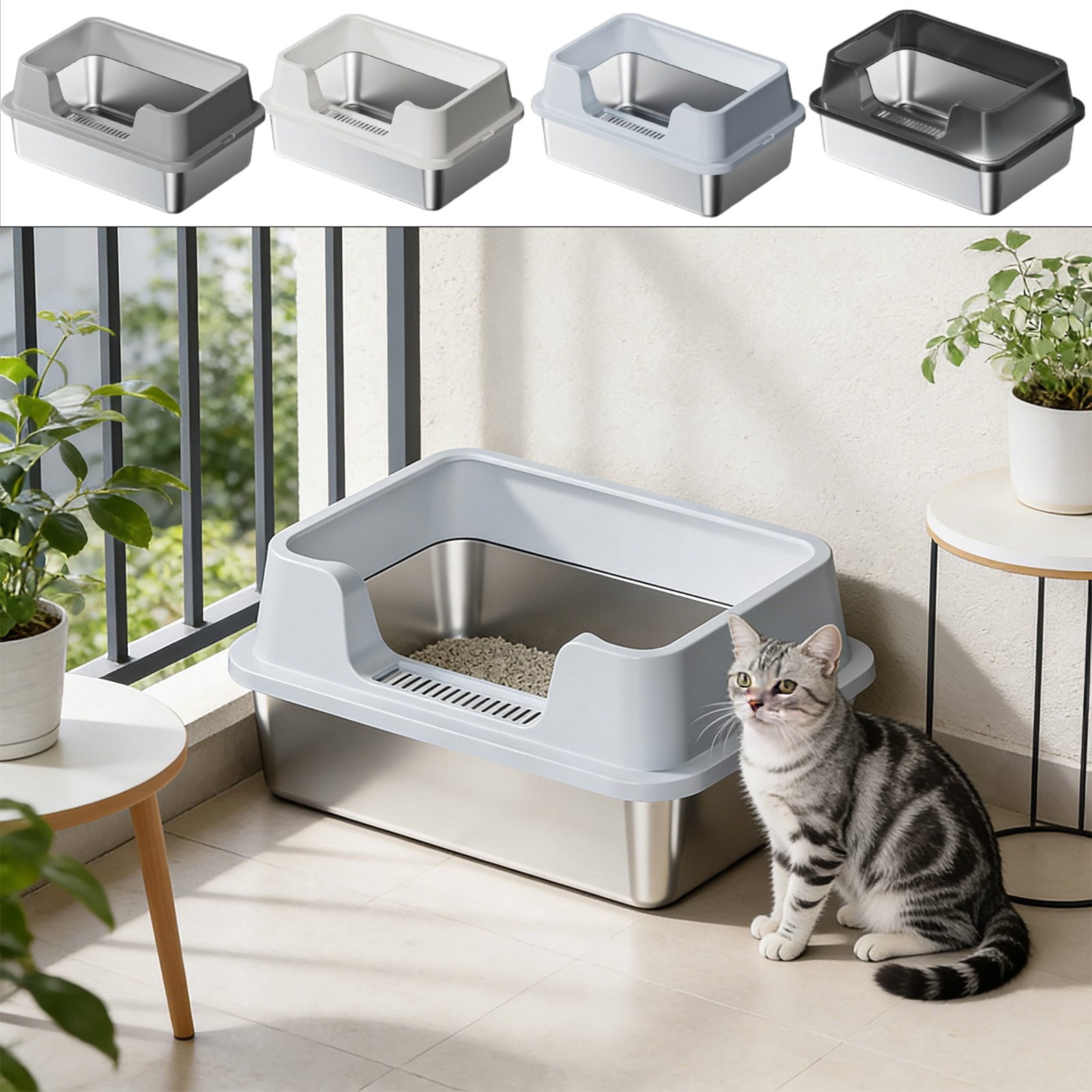 Stainless Steel Cat Litter Box, XL Semi-Enclosed High Sides Litter Pan, Anti-Splash Odor Control, Non-Stick Leakproof with Scoop, 20"x 13" (White)