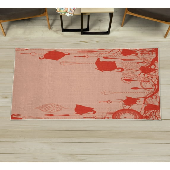 Antique Decorative Rug, Vintage Tea Party Diamond Forks Spoons Cups Leaves Tree Branch Art, Quality Carpet for Bedroom Dorm and Living Room, 6 Sizes, Scarlet Rose, by Ambesonne