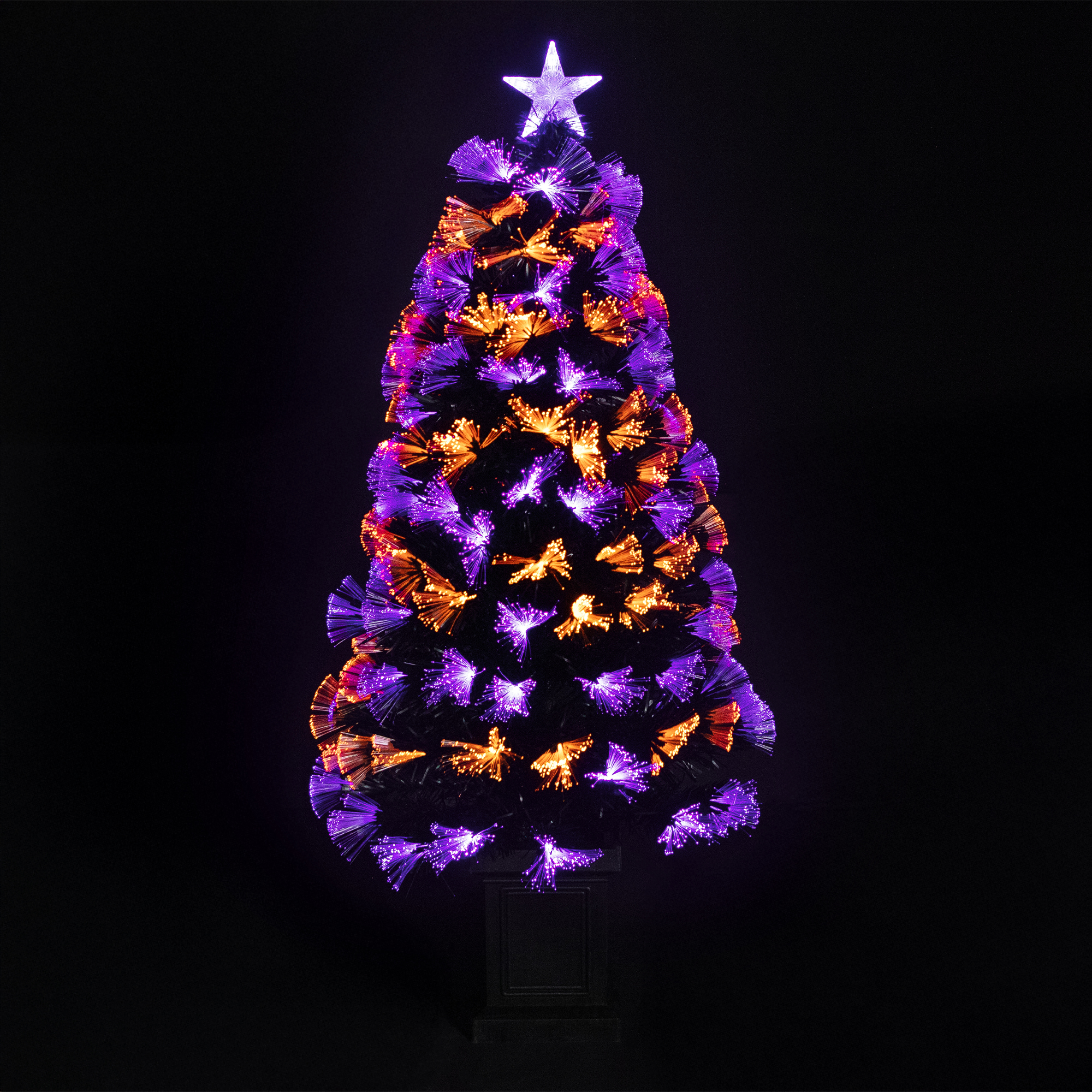 8-Function Fiber Optic Artificial Pine Potted Halloween Tree - 4' - Black - Orange and Purple LED