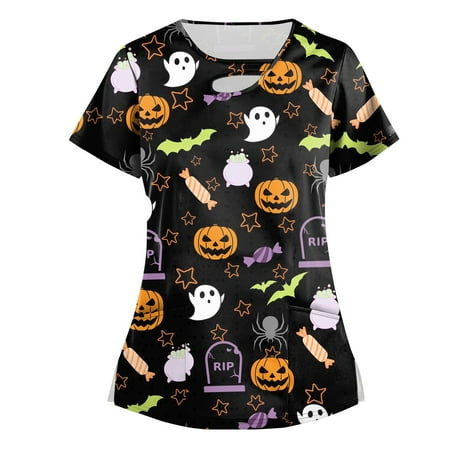 

LTTVQM Scrub Tops for Women Halloween Bat Pattern Medical Uniforms Short Sleeve Cut Out Crew Neck Nurse Workwear Blouse with Pocket Green L