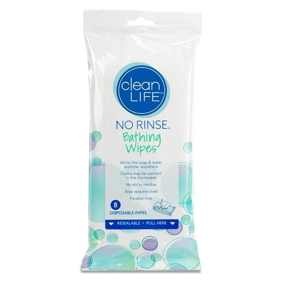 CleanLife Products No Rinse Bathing Wipes, 1 Package of 8 Wipes