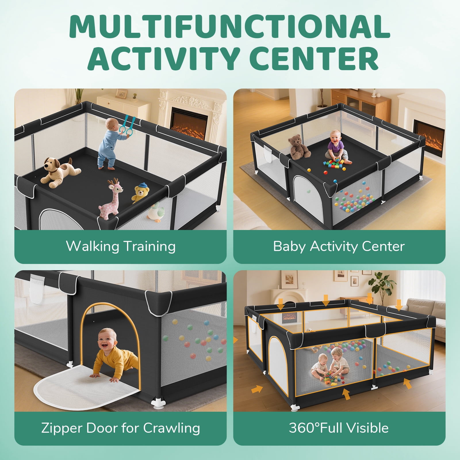 Baby Playpen for Babies and Toddlers, 64"x 64" Large & Sturdy Playard with 2 Handles, Safe Activity Center with Non-Slip Suckers, Black