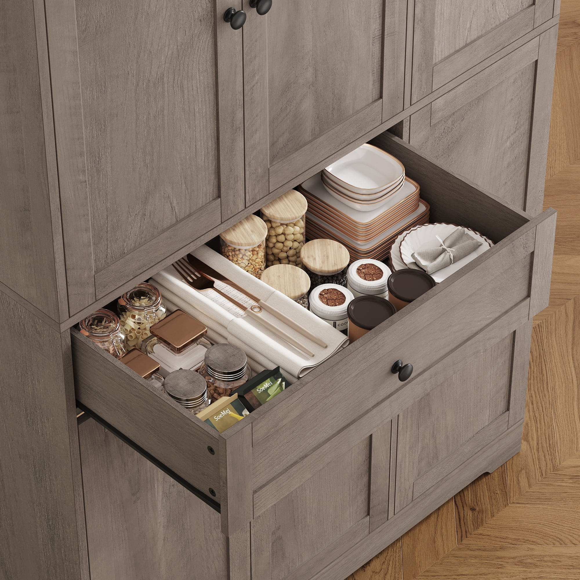 Homfa Kitchen Pantry Storage Cabinet, 68" Food Pantry Cabinet with Drawer and Door Shelf, 6 Door Freestanding Cupboard Buffet for Dining Room, Wash Gray