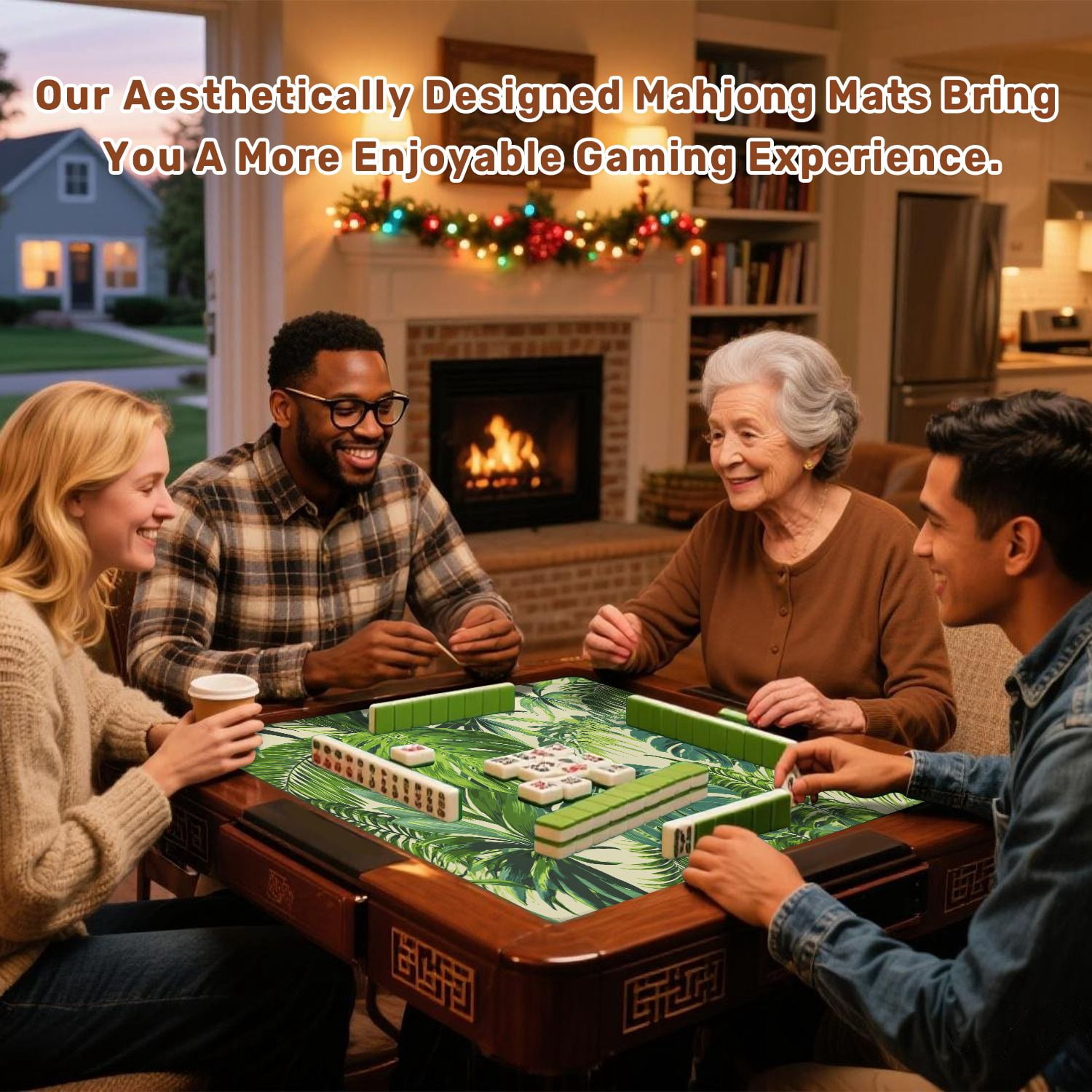 Mahjong Mat 31.5" x 31.5" Tropical palm leaves jungle leaf seamless floral Non-Slip Noise Reduction American Mahjong Tiles Table Cover for Dominoes Poker Card Board Games Gift
