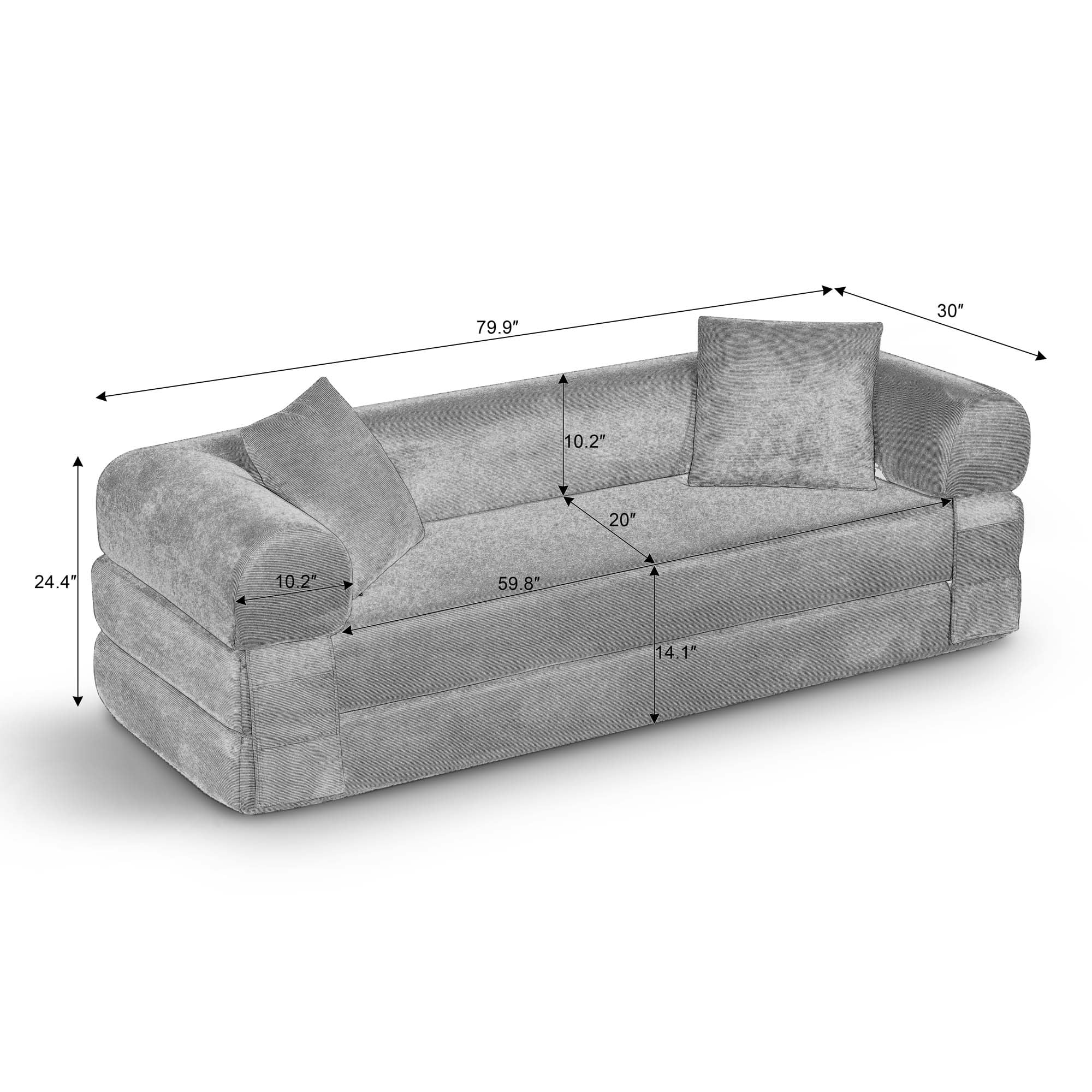 Miniyam 80" W Convertible Sofa, Boneless Couches for Living Room, Folding Sleeper Sofa Bed Queen with Pockets, Corduroy Flod Out Compressed Couch in a Box(Light Green)