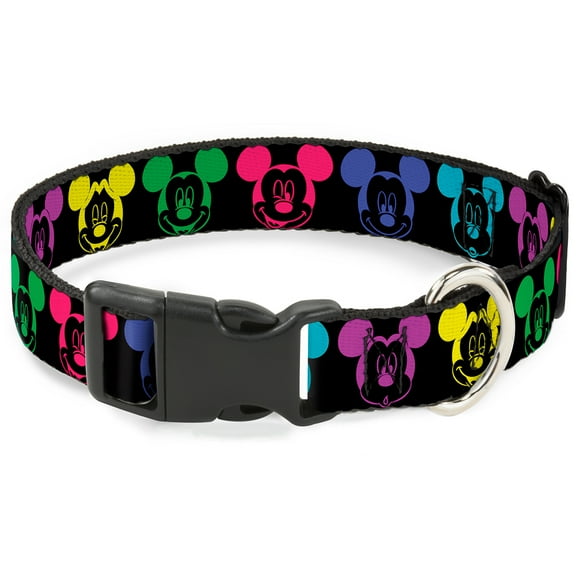 Disney Pet Collar, Dog Collar Plastic Buckle, Mickey Expressions Black Multi Neon, 11 to 16.5 Inches 1.0 Inch Wide