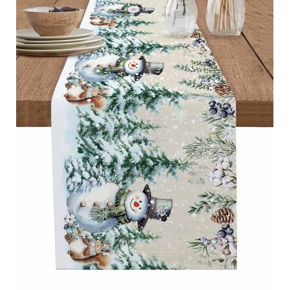 Snowman Christmas Table Runner 60 Inches, Xmas Tree Weeping Pine Cones Rustic Bed Runner Dresser Scarves Tabletop for Indoor Outdoor Parties/Ceremony/Banquet, 13" x 60"