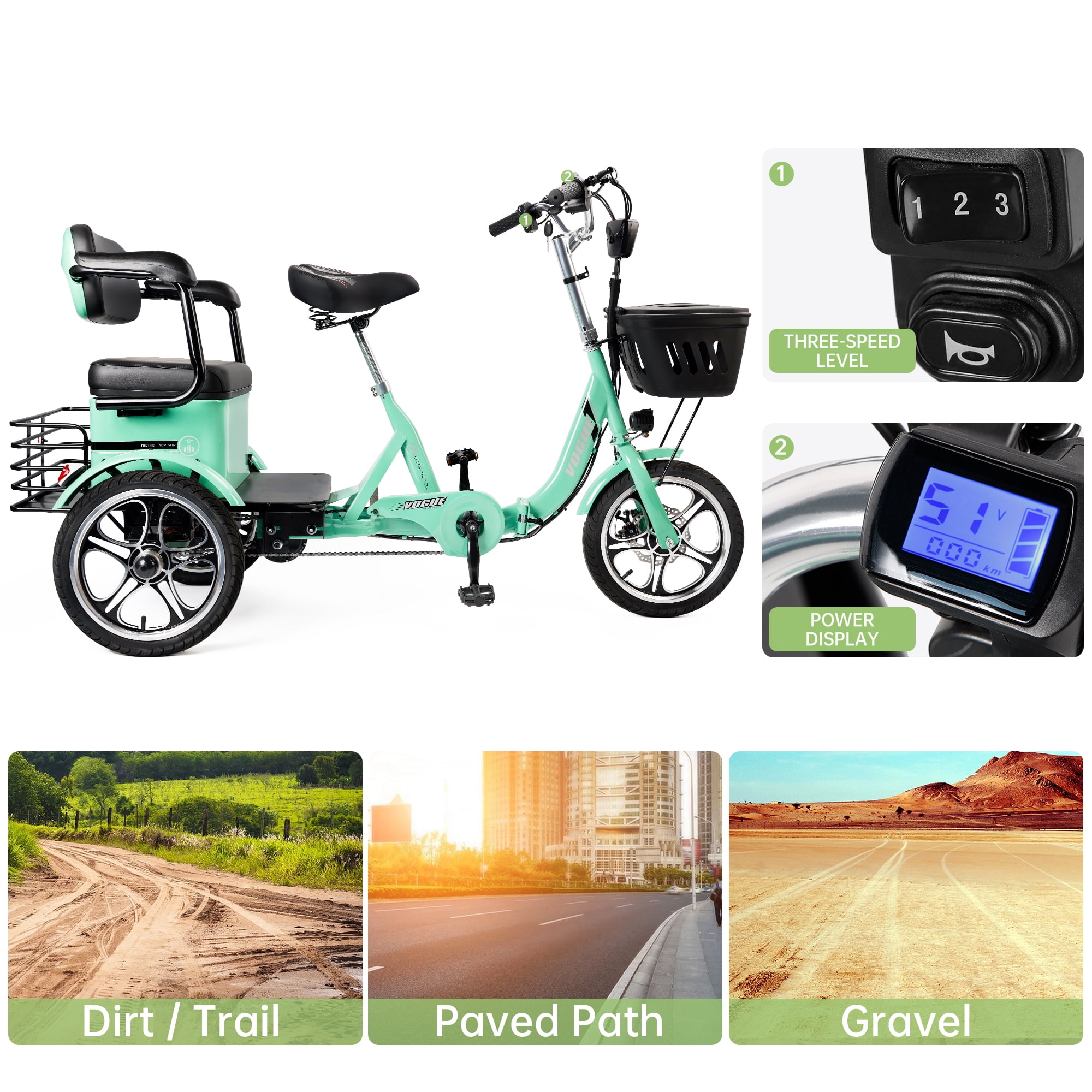 Triker Electric Bike, 400W Folding Trike Ebike, 3 Wheel Electric Bicycle, Up to 34 Miles, 16 Tire Tricycle for Adults, Green