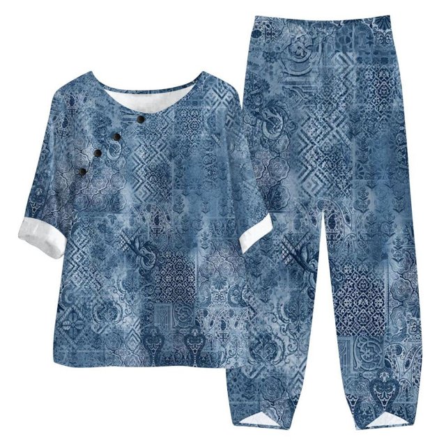 Birdeem Ensemble d'Été Imprimé pour Femmes Manches Mi-Longues Col Rond Haut Court + Pantalon Décontracté Ensemble de Détente Deux Pièces