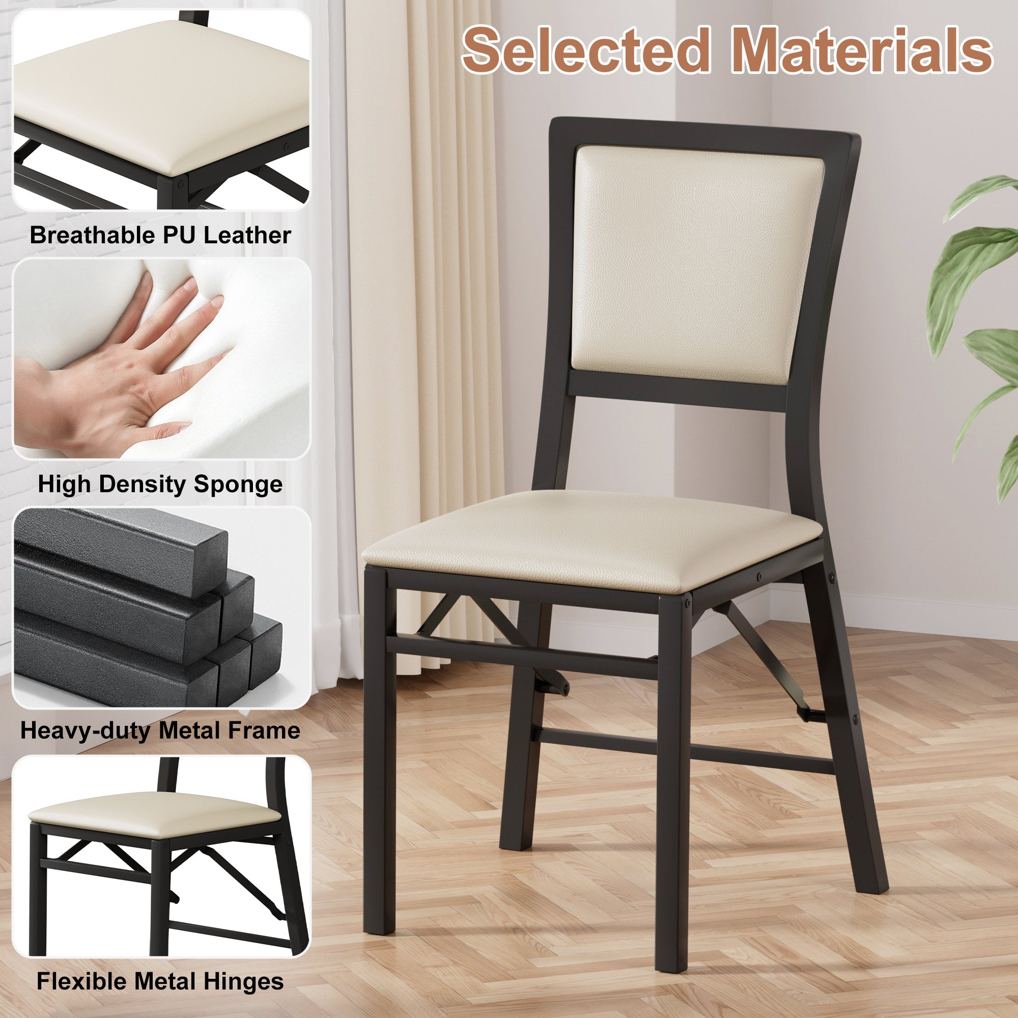 VECELO Dining Chairs Set of 2, Space-Saving and No Assembly, High Back PU Upholstered Folding Chairs with Metal Frame for Kitchen and Living Room, Beige