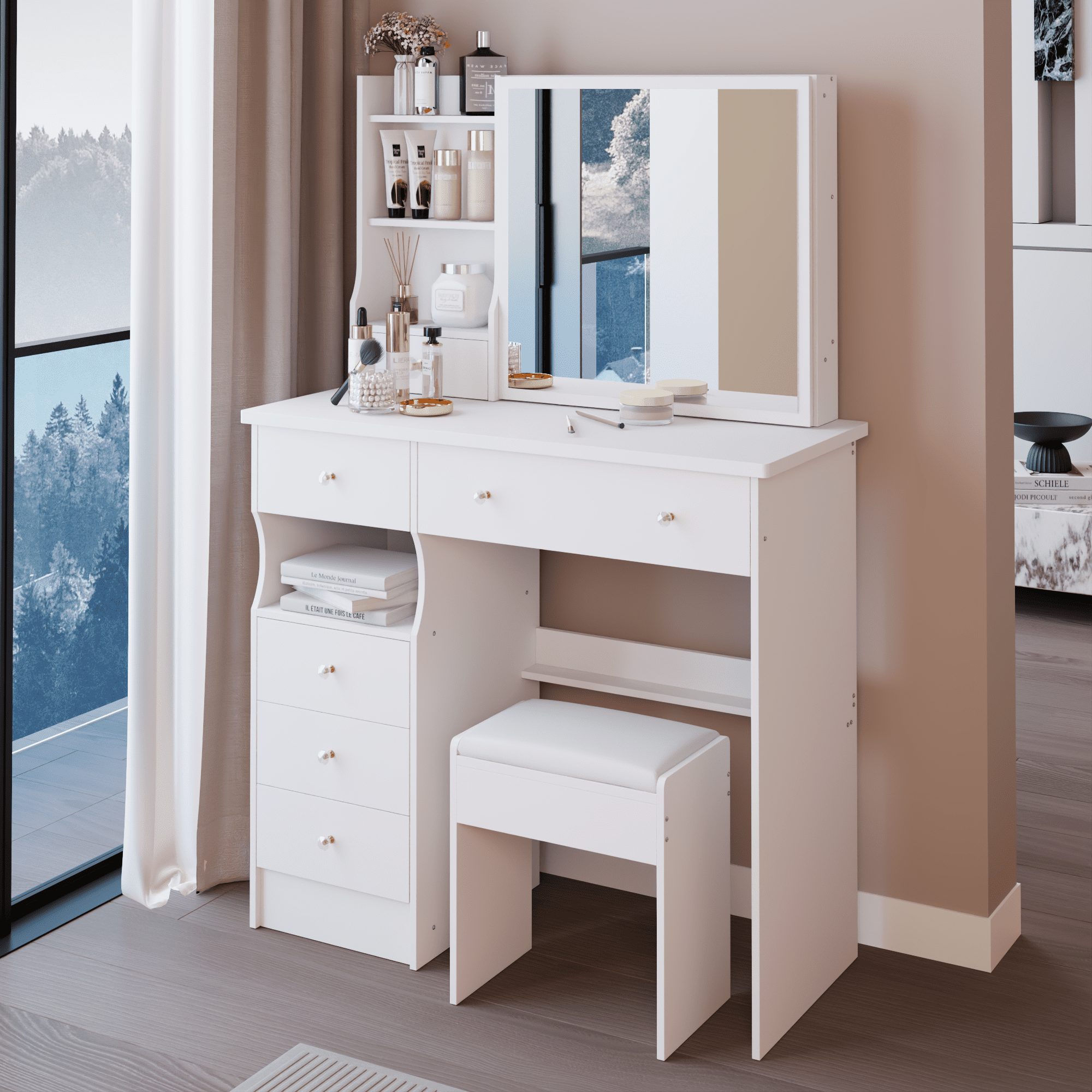 37" Middle Size Left Drawer Desktop Vanity Table + Cushioned Stool, Extra Large Right sliding mirror, Multi Layer High Capacity Storage, Practical Fashionable Dresser, Suitable For Large Space