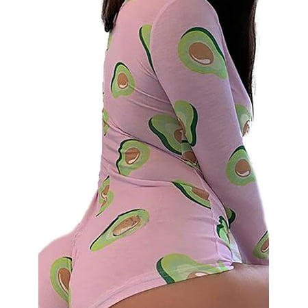 

Gureui Women s Sexy Bodycon One Piece Jumpsuit Deep V Neck Long Sleeve Stretch Funny Printed Leotard Pajamas Romper Casual Home Wear