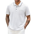 thumbnail image 2 of Kalauyu Mens Striped Knit Tops Summer Cotton Blend Short Sleeve T Shirts Loose Turn Down Collar with Pocket Button Daily Casual Shirts, 2 of 5