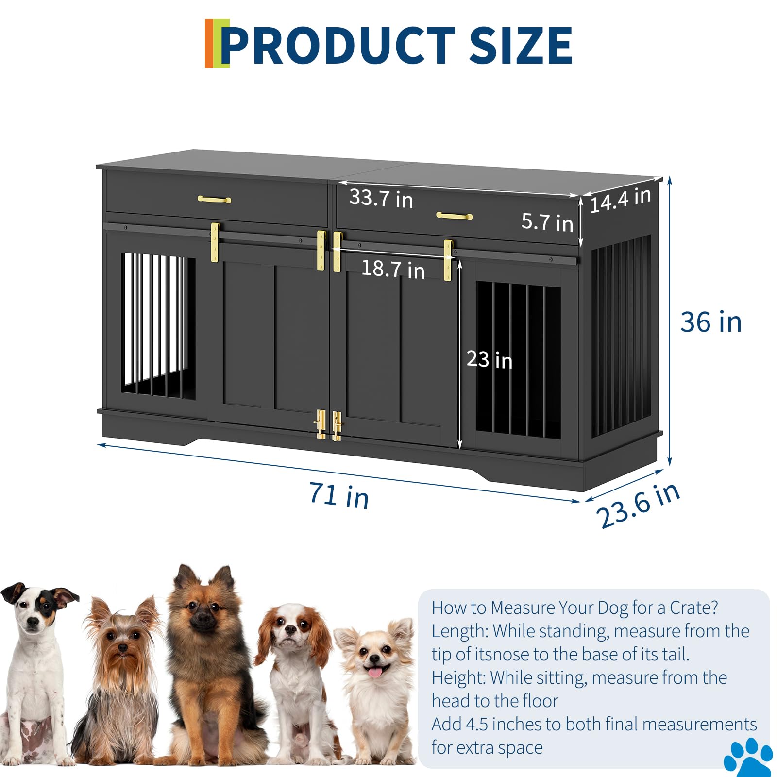 71" Dog Crate TV Stand for 2 Large Dogs, Extra Large Double Dog Kennel Furniture with 2 Drawers and 2 Lockable Sliding Doors, Wooden Furniture Dogs Crate for Indoor Home Living Room（ship in 2 boxes）