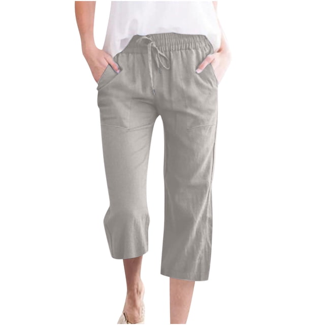 Yuyuzo Pantalons Capri pour Femmes Grande Taille Coton Lin Taille Haute à Cordon Pantalons Amples Raccourcis