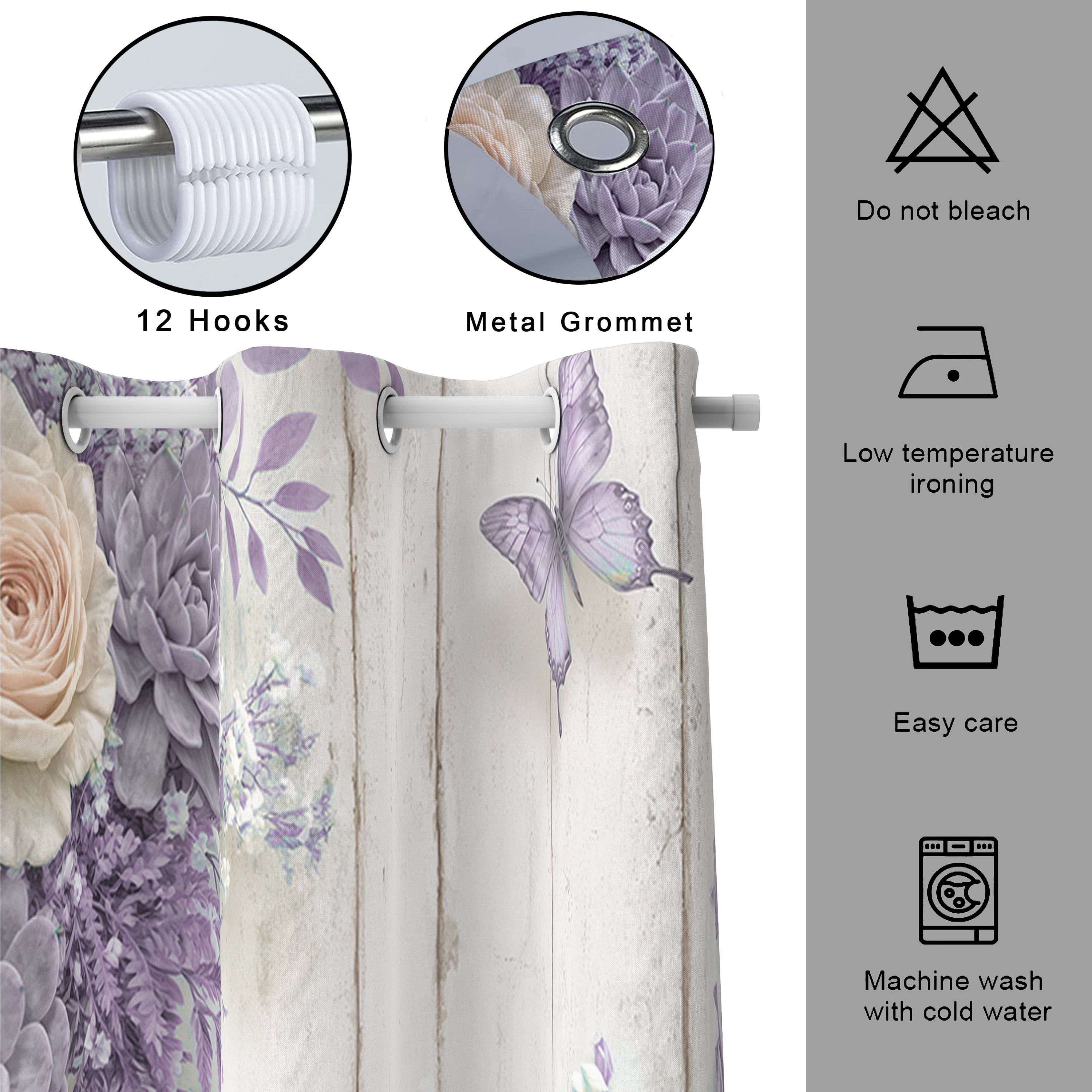 Purple Floral Shower Curtain - Farmhouse Rustic Rose Butterfly Bathroom Curtain Boho Botanical Waterproof Fabric Set with 12 Hooks,72X72in
