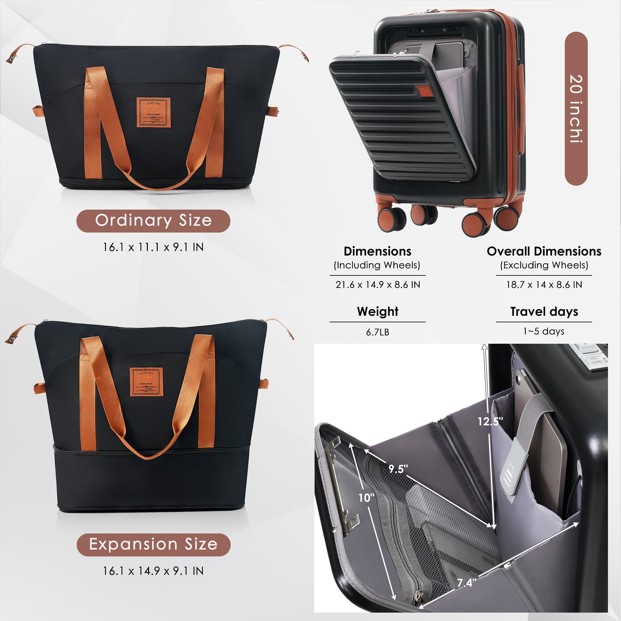 LoLado Front Opening 20in Carry-on Luggage with Expandable Travel Bag Set, ABS Hard Shell Two-piece Travel Suitcase Set with USB Port, Cup Holder, Black