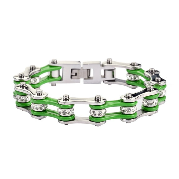 SK1191 Silver/Green Bike Chain Bracelet 1/2" Wide - Size 7.25"
