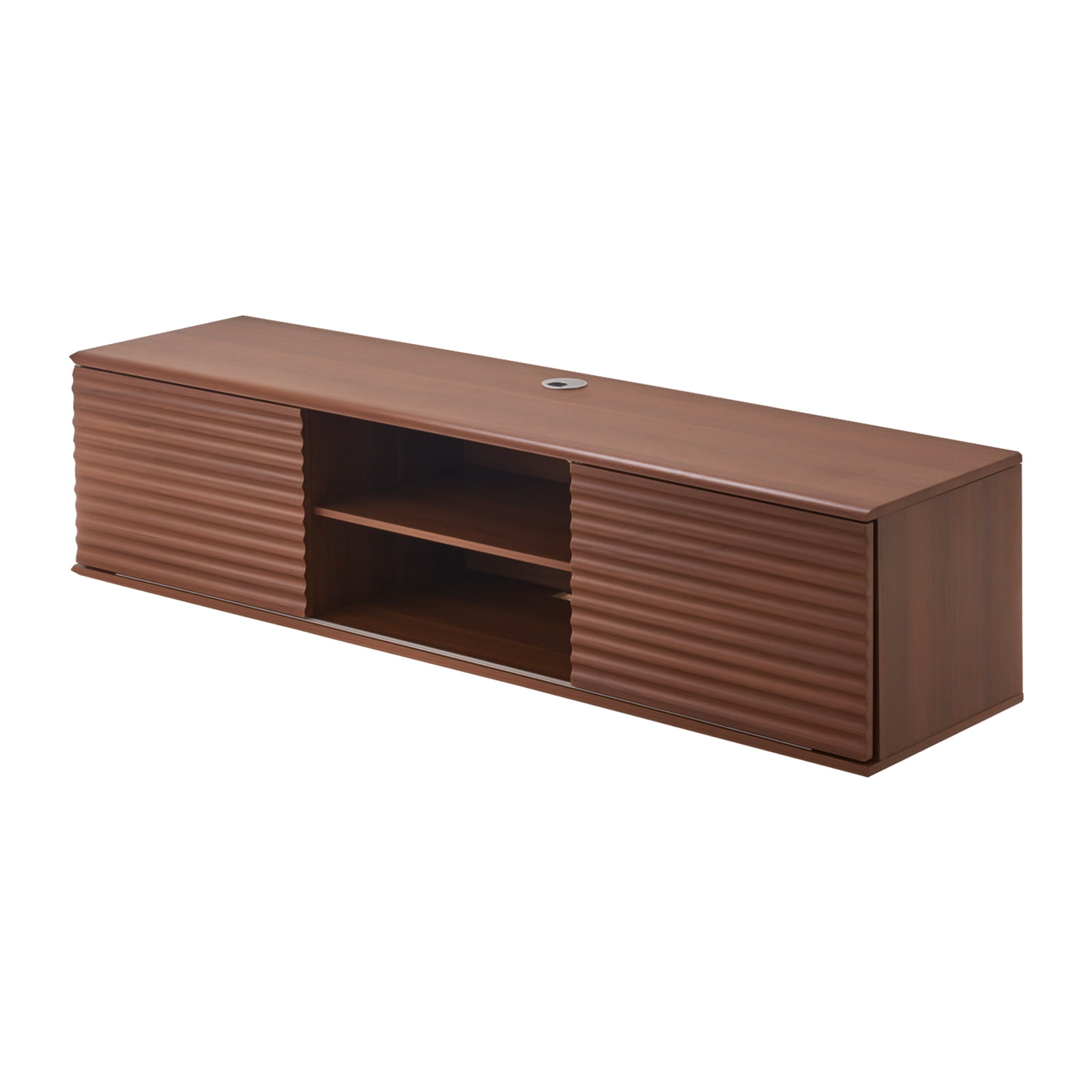 KFFKFF Suspended TV Unit, 60" Wall-Fixed Media Hub with Modifiable Rack & Glide Doors, Dual-Level Suspended TV Ledge with Storage Compartment for DVD Device, Cable Organizer, Gaming System, Walnut
