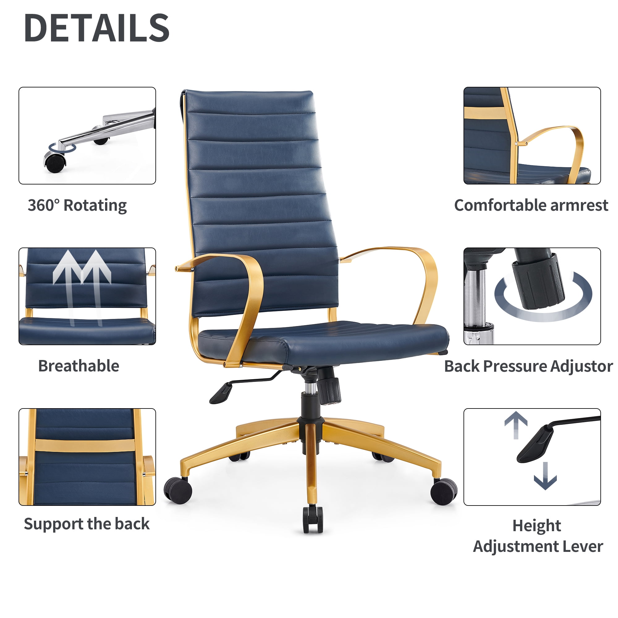 CAROCC High Back Executive Office Chair with Armrest Adjustable Swivel Chair in Durable Vegan Leather Modern Gold Office Chair Ergonomic Desk Chair for Extra Back & Lumbar Support