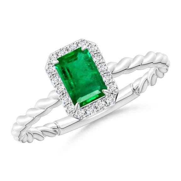 ANGARA Natural Emerald-Cut Emerald Halo Twisted Shank Engagement Ring in 14K White Gold for Women (Size-6x4mm) | May Birthstone, Birthday, Anniversary, Jewelry Gift for Women | Natural Emerald Ring