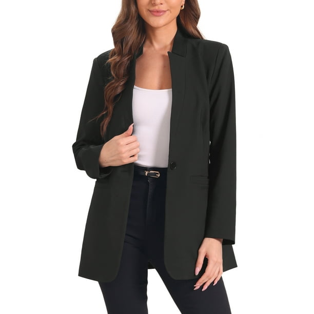 BLAZER DE OFICINA PARA MUJER CHIC DE MANGA LARGA CON SOLAPA Y CUELLO EN V, ABIERTO EN FRONTAL, FORRADO, CON DOS BOLSILLOS, TAMAÑO XS, NEGRO