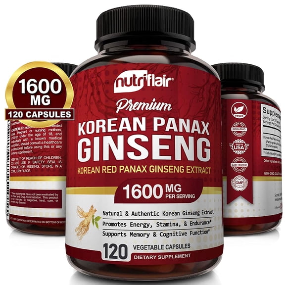 NutriFlair Korean Panax Ginseng 1600mg Per Serving, 120 Capsules – Herbal Energy & Vitality Supplement, Non-GMO, Vegan, Made in USA