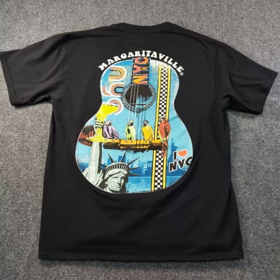 Jimmy Buffett Margaritaville T-Shirt Edium Black Guitar Ny Good Vibes Tee