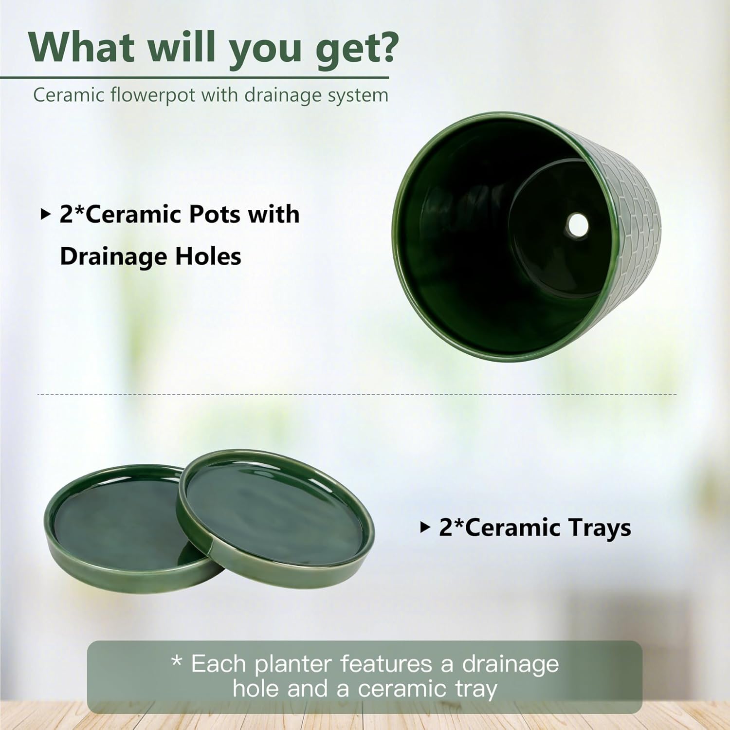 BUYMAX Plant Pots Indoor –6 inch Ceramic Flower Pot with Drainage Hole and Ceramic Tray - Gardening Home Desktop Office Windowsill Decoration, Set of 2(Patina)