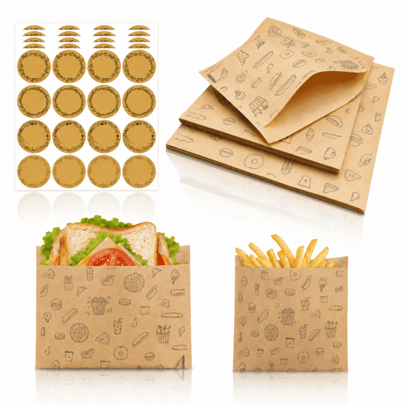 ChrumpTon 80 Pack Grease-Resistant Paper Sandwich Bags with Seal Stickers, 2 Sizes Kraft Snack Bags for Sandwiches, Cookies, Donuts & Bagels, Recyclable Packaging Bags for Bakery and Lunch Packing