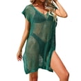 thumbnail image 4 of Franhais Women's Summer Bikini Cover-Up, Solid Color Crochet Hollow Short Sleeve V Neck Side Slit Hem Loose Dress, 4 of 9