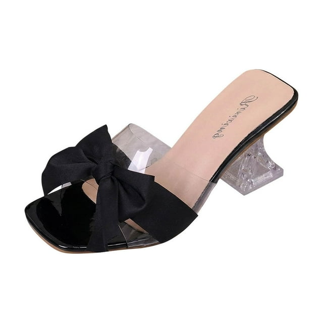 WLOELOEW Women'S Medium Heel Clear Strap Sandals With Transparent Bow Accent Block Heel Dressy Slides Synthetic Upper Available In Us Size 9 (Foot Length: 10.24 Inches)